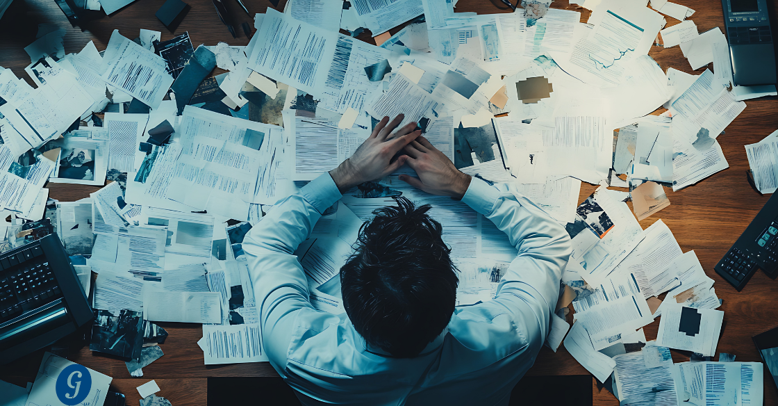 man leaning over a desk covered in paperwork Bookkeeping Reality Check: When Doing It Yourself Costs More Than Professional Help