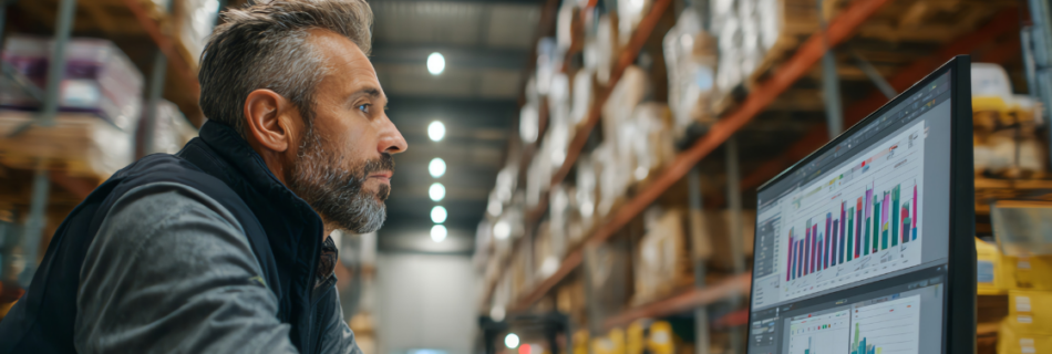 man at a desk with a computer in the middle of a warehouse cjg partners vendor redundancy supply chain